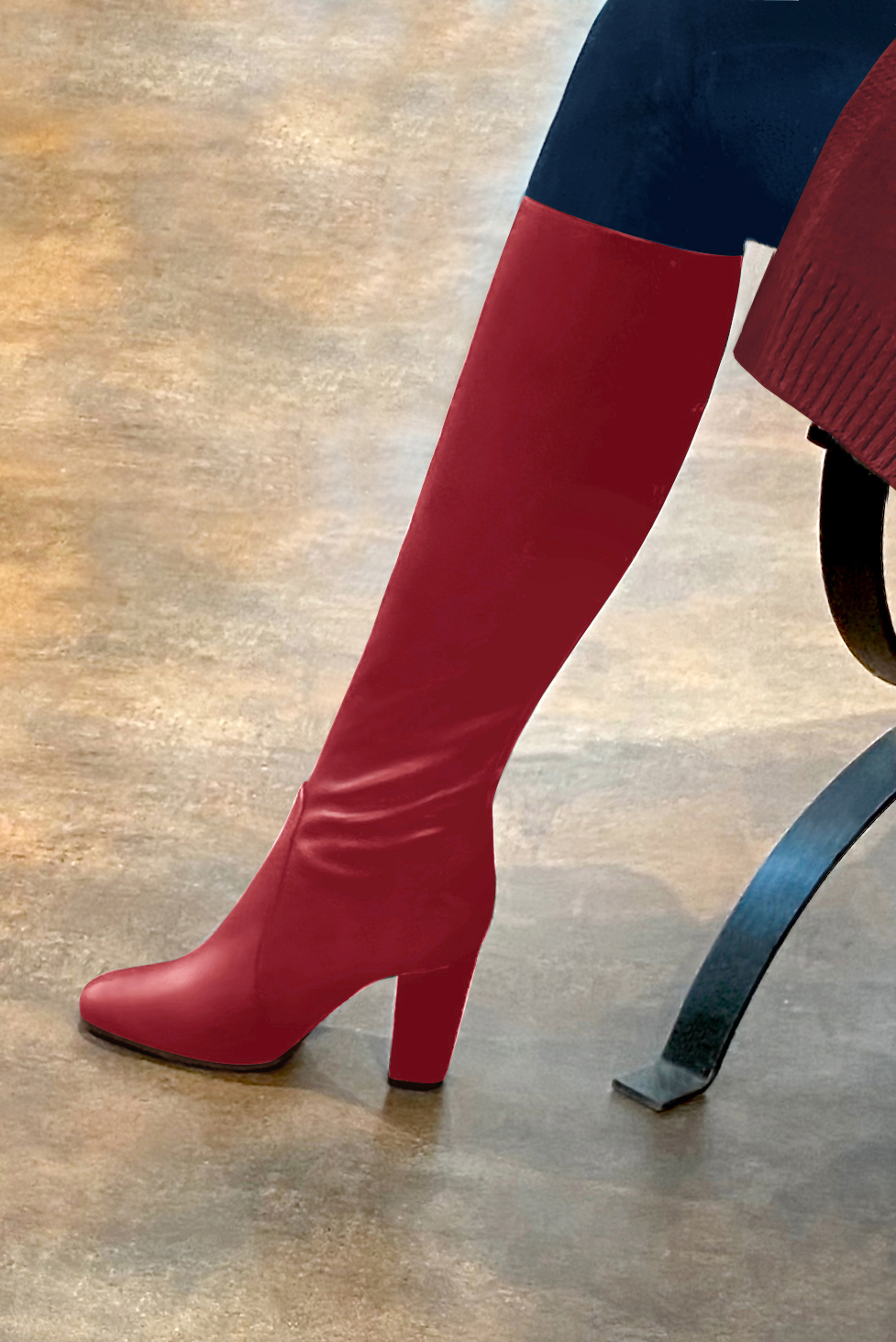 Cardinal red women's feminine knee-high boots. Round toe. High block heels. Made to measure. Worn view - Florence KOOIJMAN